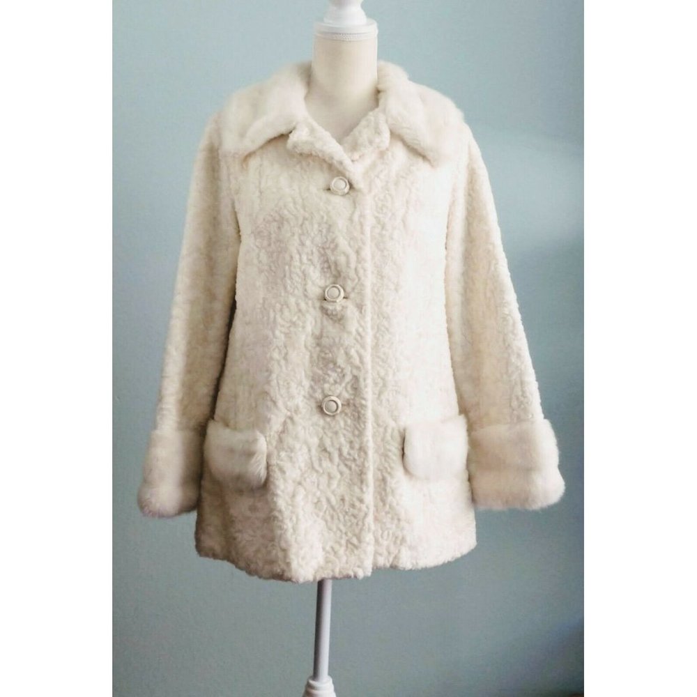 White Vintage Faux Lambswool and Fur Jacket by Rus
